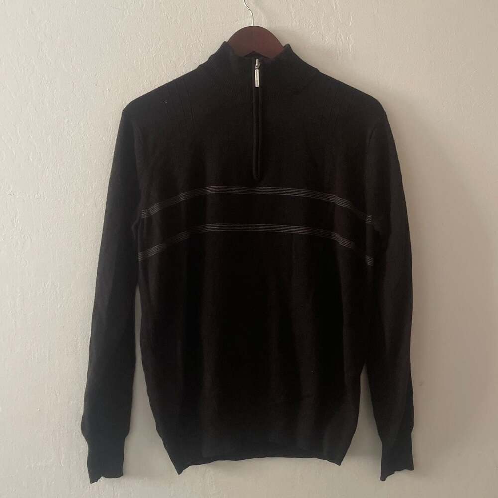 Geoffrey Beene Quarter-Zip Pullover Sweater, Black with Grey Stripes, Size S